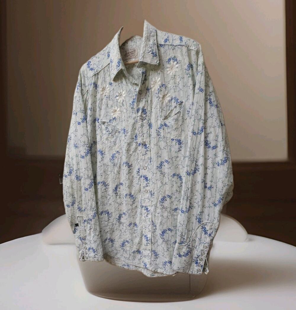 rockmount ranch wear Western womens Shirt Sz L Vtg 70’s Roses Blue